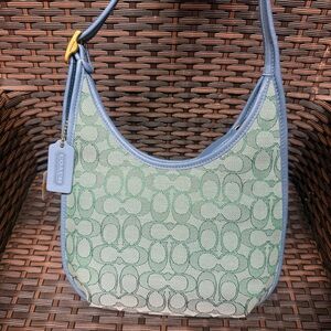 Coach Green Signature Jacquard Hobo with Blue Trim
